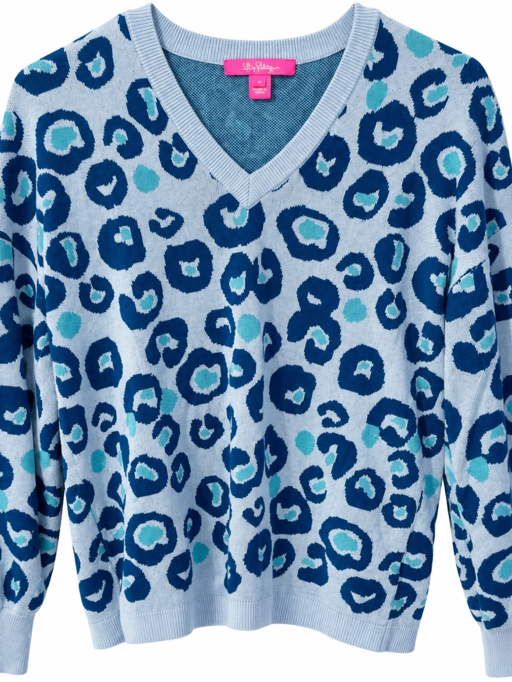 Lilly Pulitzer Blue Leopard Print V-Neck Sweater – Size S - Picture 2 of 6